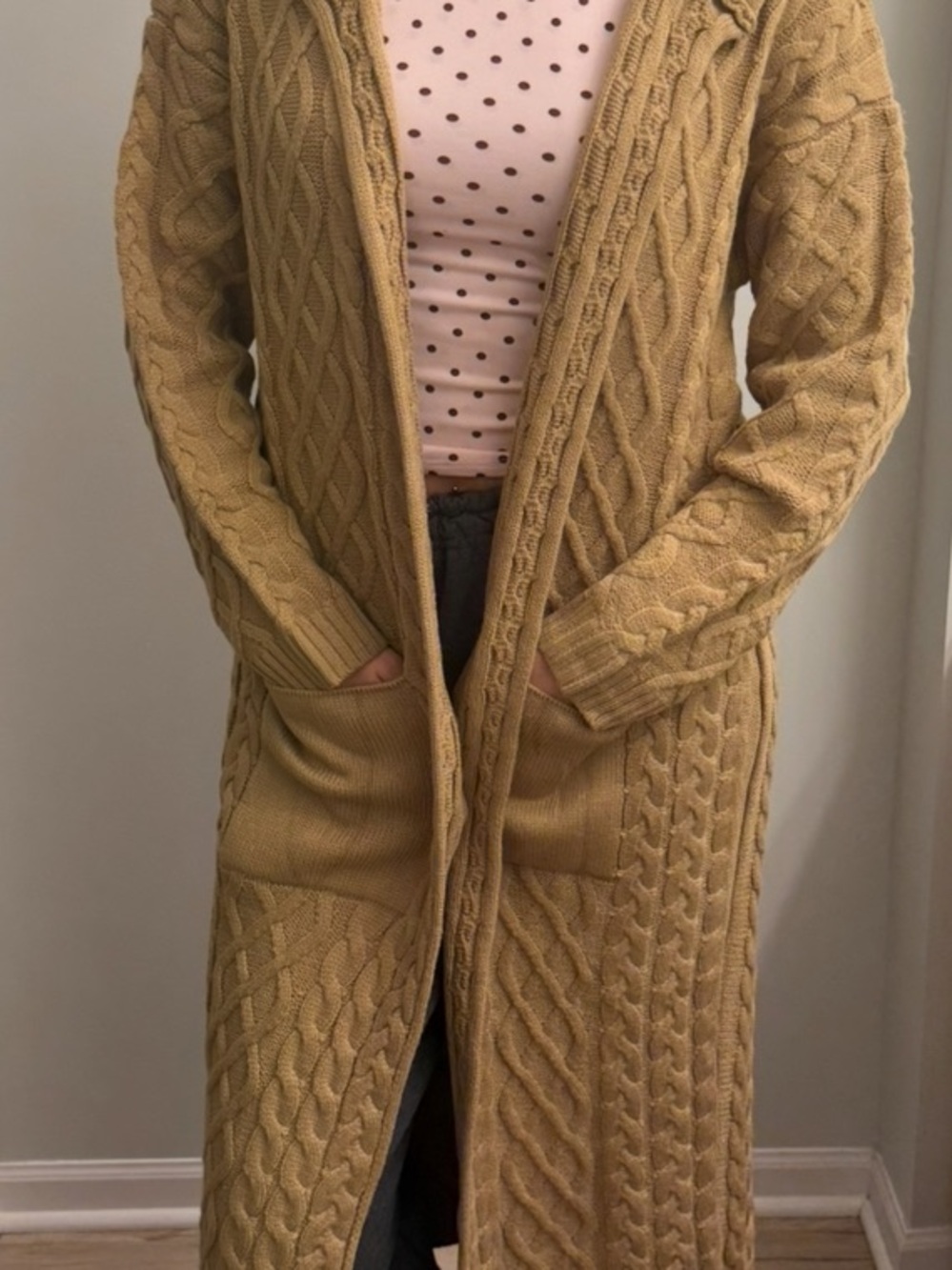 Women's Long Cable-Knit Open Cardigan Sweater in Mustard